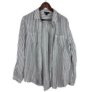 Lord + Taylor Gray White Striped Linen Long Sleeve Button Down Shirt Women Large